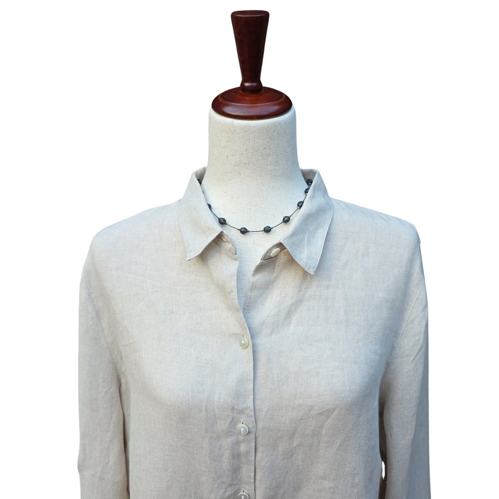 J. Jill Love Linen Button Down L Beige Coastal Minimalist Oversize Long Sleeve - Picture 10 of 13